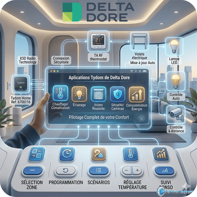 Interface domotique Delta Dore Interface domotique Delta Dore affichant les applications Tydom et icônes de gestion (chauffage, éclairage, volets, sécurité) dans un cockpit lumineux.