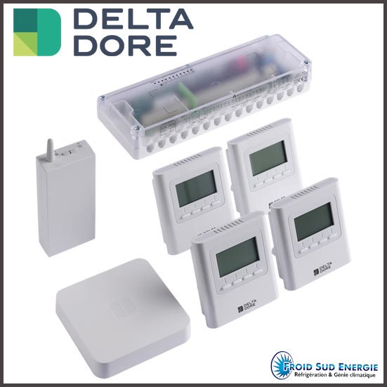 Delta Dore Delta Dore Kit de régulation gainable avec contrôleurs LCD Delta Dore Delta Dore Kit de régulation gainable avec contrôleurs LCD, boîtier électronique et récepteur sans fil sur fond blanc.