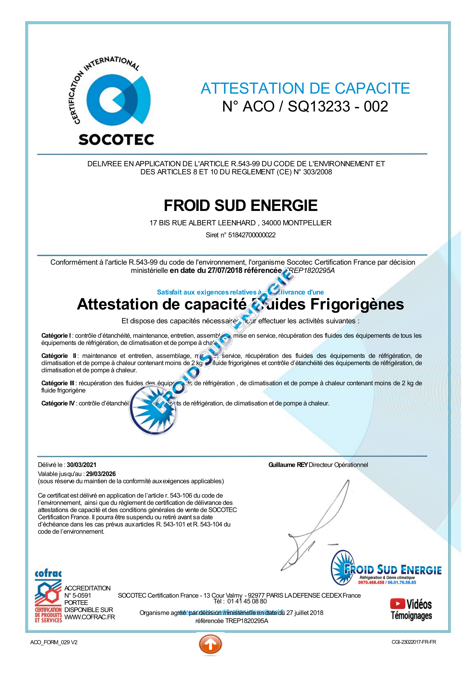 Attestation Socotec Froid Sud Energie