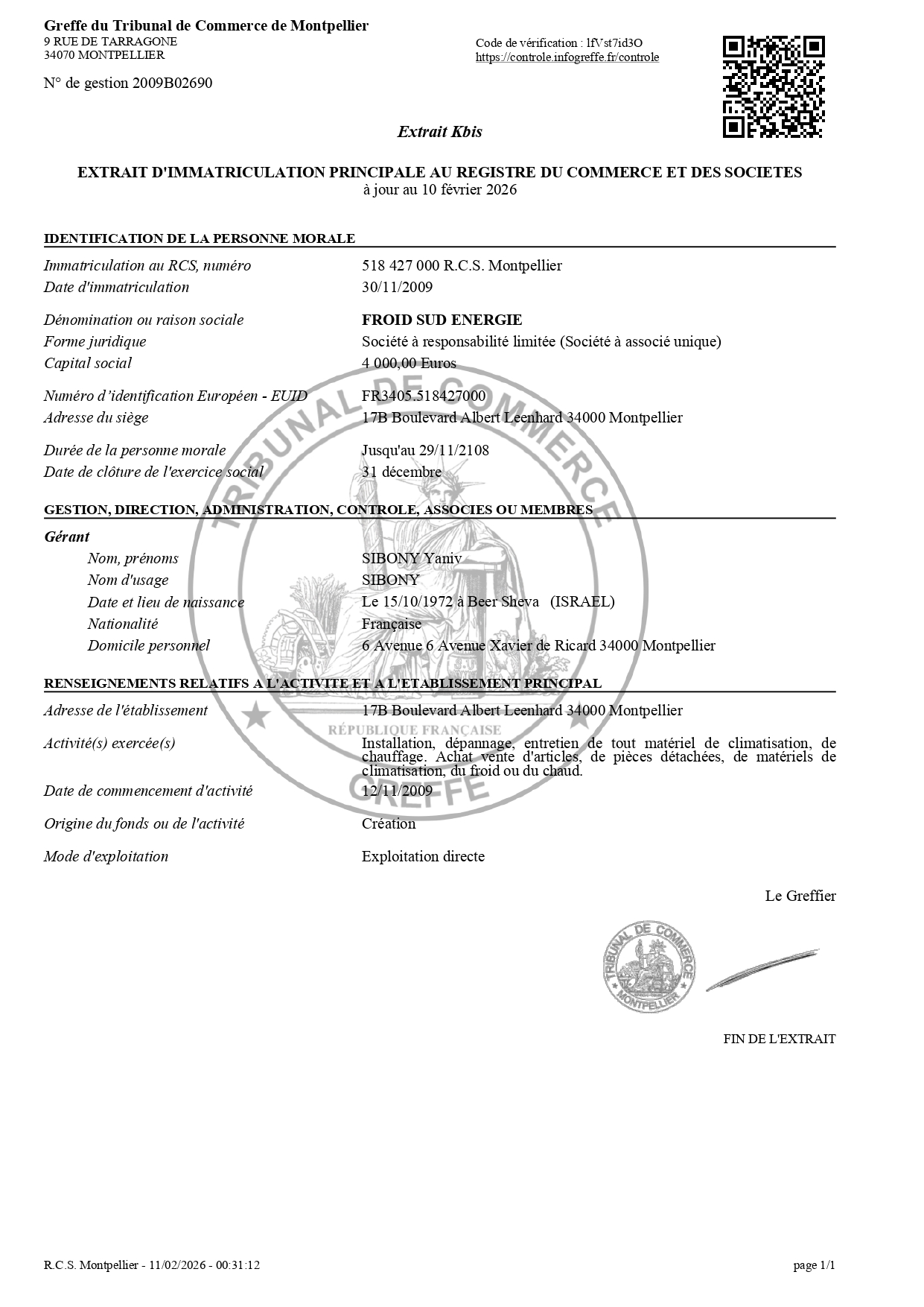 KBIS Froid Sud Energie